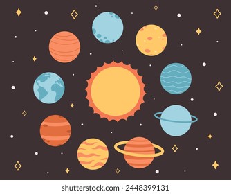 Solar System, space and stars. Earth Day, Save planet. Vector illustration in flat style