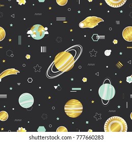Solar system, space, universe. Seamless pattern with cute planets. All elements are  hidden under mask. Pattern are not cropped and can be edited.