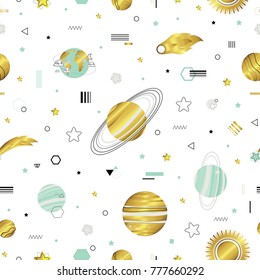 Solar system, space, universe. Seamless pattern with cute planets. All elements are  hidden under mask. Pattern are not cropped and can be edited.