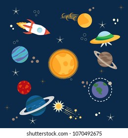 Solar system, spaceship, spacecraft, rocket, planets, comets, stars set. Vector illustration