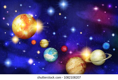 Solar system with stars and comets with tails. Sun, Mercury and Venus, Earth and Mars, Jupiter and Saturn, Uranus and Neptune. Astronomy and cosmos, celestial objects, astrology and universe, planets