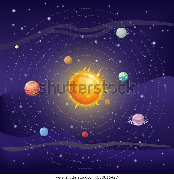 Solar system with stars, Sun, Pluto, Neptune,\
Uranus, Venus, Mercury, Saturn, Jupiter, Mars, Earth and Moon on\
orbit. Planets in orbit around the sun. Set of planets. Solar\
system background.