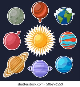 Solar system sticker set. Cute cartoon planets Mercury, Venus, Earth, Mars, Jupiter, Saturn, Uranus, Neptune and sun stickers for kids. Astronomy education set of stickers. Vector Illustration.