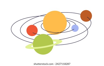 Solar system with sun and abstract planets on orbits. Galaxy, space, universe with globes. Cosmos, planetary scheme. Astronomy education. Kids flat vector illustration isolated on white background