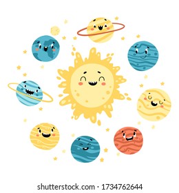 Solar system. The sun and eight planets. Cute Space childish illustration with funny faces. Vector cartoon hand-drawn characters.