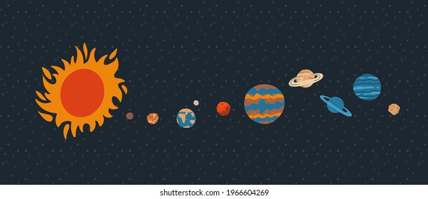 Solar system with sun orbits and planets on dark blue background. Hand drawn flat vector illustration