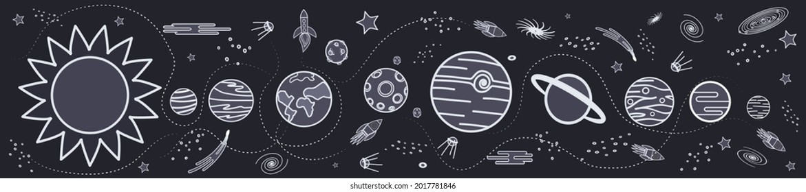 Solar system, sun and planets in a row. Rockets, meteors, galaxies and stars. Black and white horizontal poster.