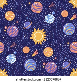 Solar system with sun and planets. Seamless pattern with hand drawn vector illustrations with cosmic theme