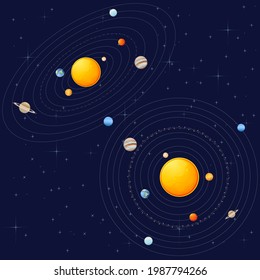 Solar system with sun and planets space objects vector illustration on dark deep sky with stars background