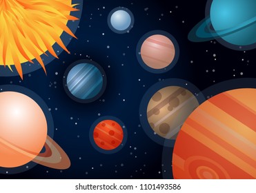 Solar System with the Sun and Planets. Vector Illustration. Flat Style. Graphic Design for Education Classes and Study Books. Decorative Planetarium Design - Flayers, Banners, Posters, Cards.