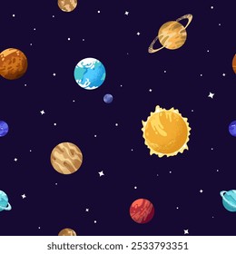 Solar system, universe, cosmos, galaxy, space endless background. Repeatable pattern of different planets, sun, stars. Celestial bodies, asteroids on starry sky. Flat seamless vector illustration