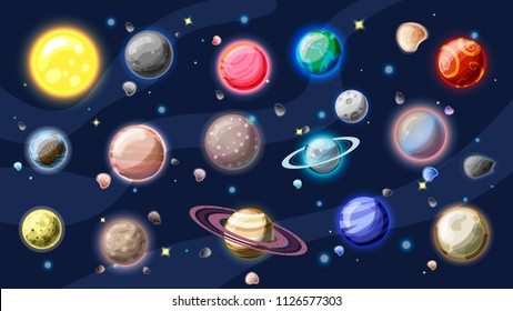 Kollektion von Vektorgrafiken des Sonnensystems Planeten, Monde der Erde, Jupiter und anderer Planet des Sonnensystems, mit Asteroiden, Sonne und Ringen des Planeten. Set von Cartooning-Planeten des Sonnensystems, Weltraum-Vektorgrafik