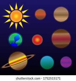 La ilustración de la colección de vectores del sistema solar contiene planetas como el Sol, Mercurio, Venus, Tierra, Marte, Júpiter, Saturno, Urano, Neptuno