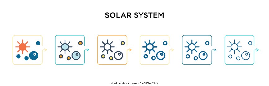 Solar system vector icon in 6 different modern styles. Black, two colored solar system icons designed in filled, outline, line and stroke style. Vector illustration can be used for web, mobile, ui