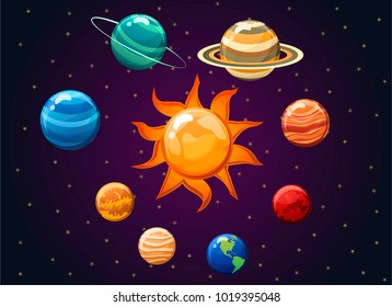 Solar system vector illustration isolated on space background.Vector illustration showing planets around the sun.