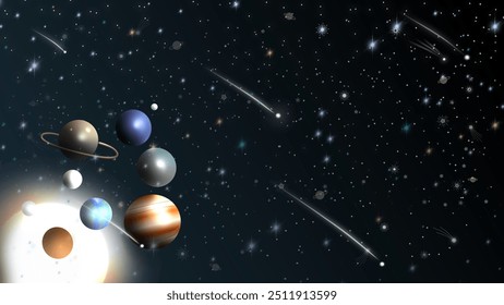 Vektorgrafik des Sonnensystems mit Planeten und einem Sternenhintergrund, mit Sternenaufnahmen und kosmischen Elementen. Ideal für Raumfahrtprojekte, Bildung und astronomische Entwürfe.