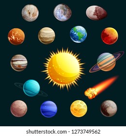 Solar system vector illustration. Sun, planets, satellites cartoon space icons and design elements.