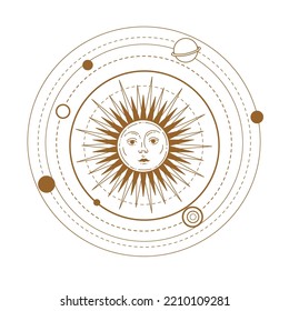 Solar system vector illustration. Sun with a human face. Hand drawn celestial illustrations. Design elements for decoration in modern style. magical drawings. Vector modern print.