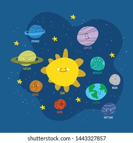 The Solar System. Vector illustrations of the planets of the Solar System in cartoon style. - Vector