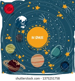 The Solar System. Vector illustrations of the sun, planets, stars of the Solar System in cartoon style for your design.
