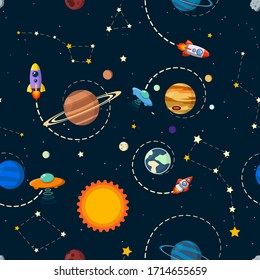 solar system vector kids cartoon planet seamless pattern. Rocket, UFO, planets Illustration, great for wallpaper, textile and texture design. Kids design, fabric, wrapping, apparel.