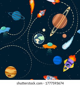 solar system vector kids cartoon planet seamless pattern. Rocket, UFO, planets Illustration, great for wallpaper, textile and texture design. Kids design, fabric, wrapping, apparel.