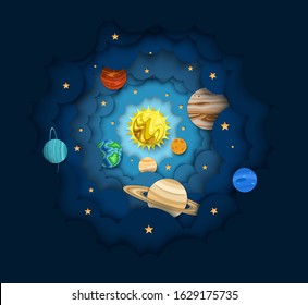 Solar system, vector layered paper cut style illustration. The sun and planets orbiting it. Astronomy science, outer space composition for web banner, website page etc.