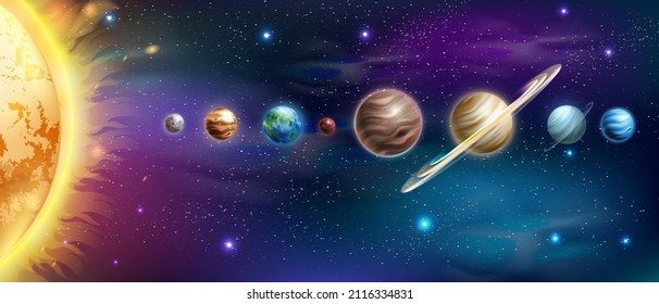 Solar system vector planet background, Sun, Earth, Jupiter, Saturn astrology planetary poster, stars. Space wallpaper, realistic education astronomy school banner. Solar system cosmos clipart - Shutterstock ID 2116334831