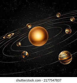 Solar system. Vector realistic illustration of the sun and eight planets orbiting it.