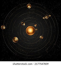 Sistema solar. Ilustración vectorial realista del sol y ocho planetas orbitando.