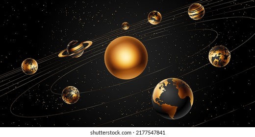 Sistema solar. Ilustración vectorial realista del sol y ocho planetas orbitando.