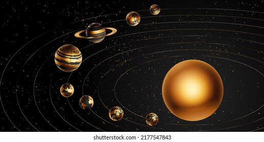 Sonnensystem. Vektorrealistische Illustration der Sonne und acht Planeten, die sie umkreisen.