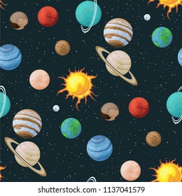 Solar system vector seamless pattern of planets in space universe texture galaxy background