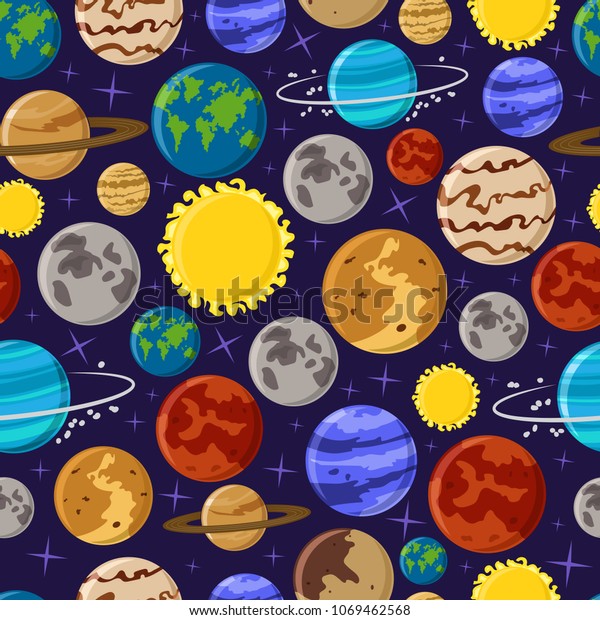 Solar system vector seamless pattern on a blue\
background for wallpaper, wrapping, packing. Cartoon planet texture\
and backdrop.