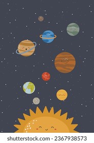 Solar System vector, Space vector background, Kawaii Planets, Kids vector