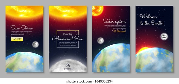 Solar system vertical flyers set. Earth planet with continents and ocean. Galaxy discovery and exploration. Realistic globe with satellite in galaxy vector illustration. Astronomy and astrophysics.
