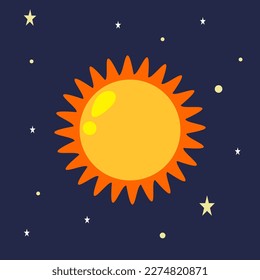 Sistema solar.Estrella solar vectorial y planeta en el espacio. Caricatura de estilo plano. Dibujo de objetos astronómicos coloridos en el cielo nocturno. Sol en el fondo oscuro del espacio estrellado. Astronomía para niños. 