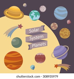 Solar Systen Planets vector illustration on flat style. Space design elements. Banner ribbon and icons of cosmic objects. Fun science background. Comet, meteorite, planets and sun star clip-art.