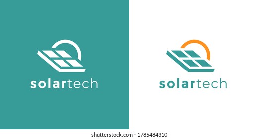 Solar tech company logo icon template. Solar panel and sun sign. Alternative natural power business emblem. Renewable energy symbol. Vector illustration.