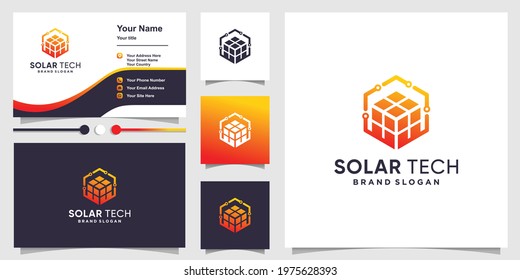 Solar tech logo with creative cube concept and business card design Premium Vector