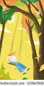 Solar term themed phone wallpaper of Chusu. Illustration of woman on a swing in a beautiful forest with some fallen leaves. Translation: the end of heat.