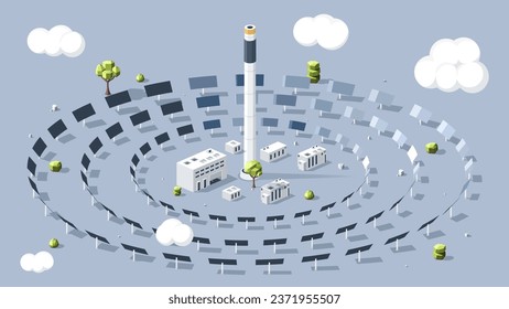 Solarwärme-Low-Poly-Modell Fabrik und Anlagen mit Solarpaneelen. Alternative Energiequellen und nachhaltige Lebensweise. Verringerte CO2-Emissionen. Cartoon isometrische Vektorgrafik