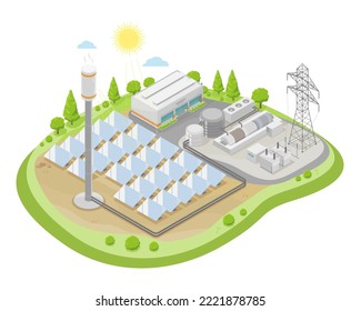 solar thermal power plant stations simple concept ecology clean energy no emission technology for electrical isometric vector