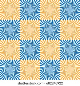 The solar twirled orange beams of the sun. Seamless pattern in chessboard order