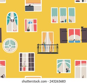 Solar urban seamless pattern with the city Windows.