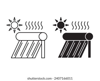 solar water heater linear art icon set. house water heater solar panel on roof top vector mark for web
