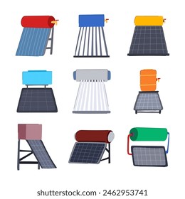 solar water heater set cartoon. sun thermal, gas heat, collector roof solar water heater sign. isolated symbol vector illustration