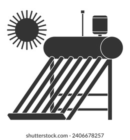 Solar water heating system for roof top - economical source of hot water supply. Icon in flat monochrome style