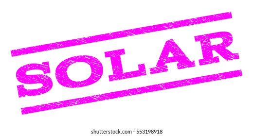 Solar watermark stamp. Text caption between parallel lines with grunge design style. Rubber seal stamp with scratched texture. Vector magenta color ink imprint on a white background.