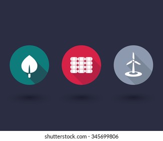 Solar, wind energetics, biofuel, alternative energy solutions, round flat icons, vector illustration